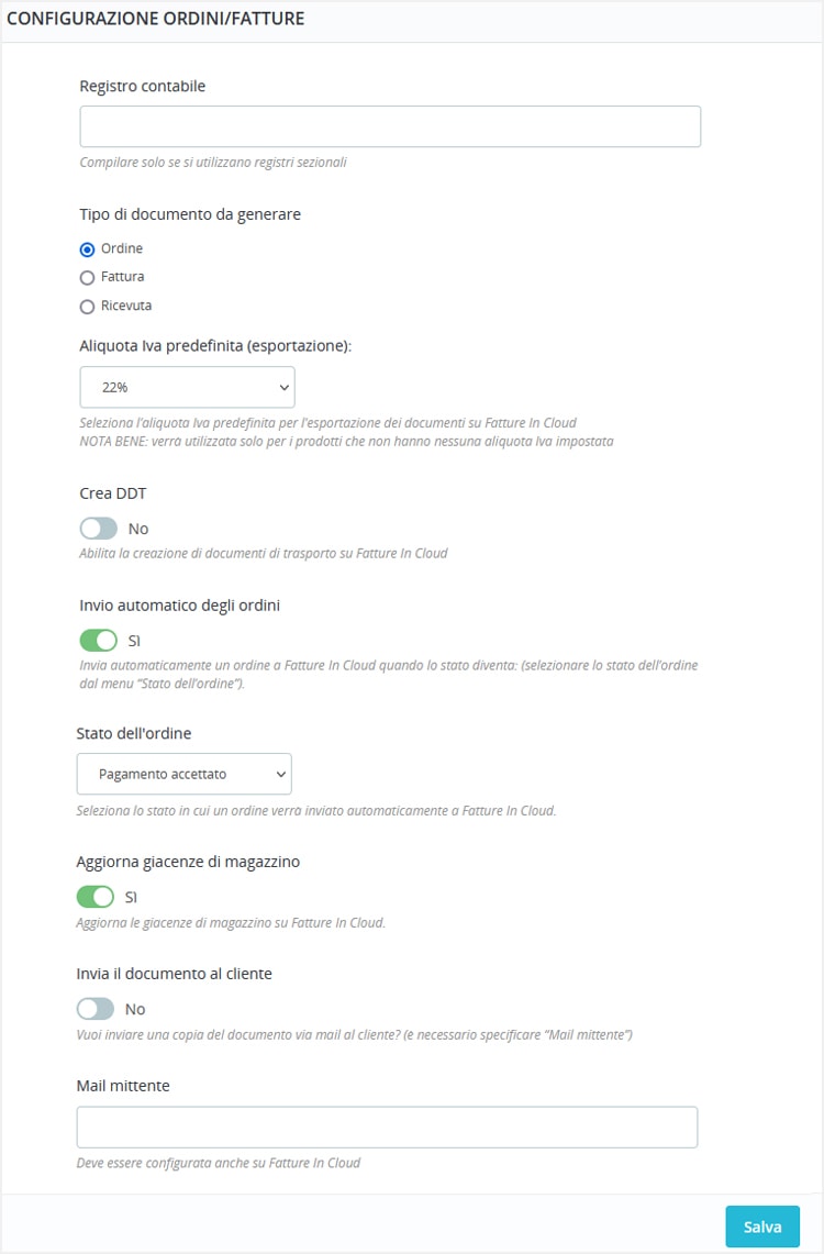 Configurazione ordini/fatture Configurazione ordini/fatture