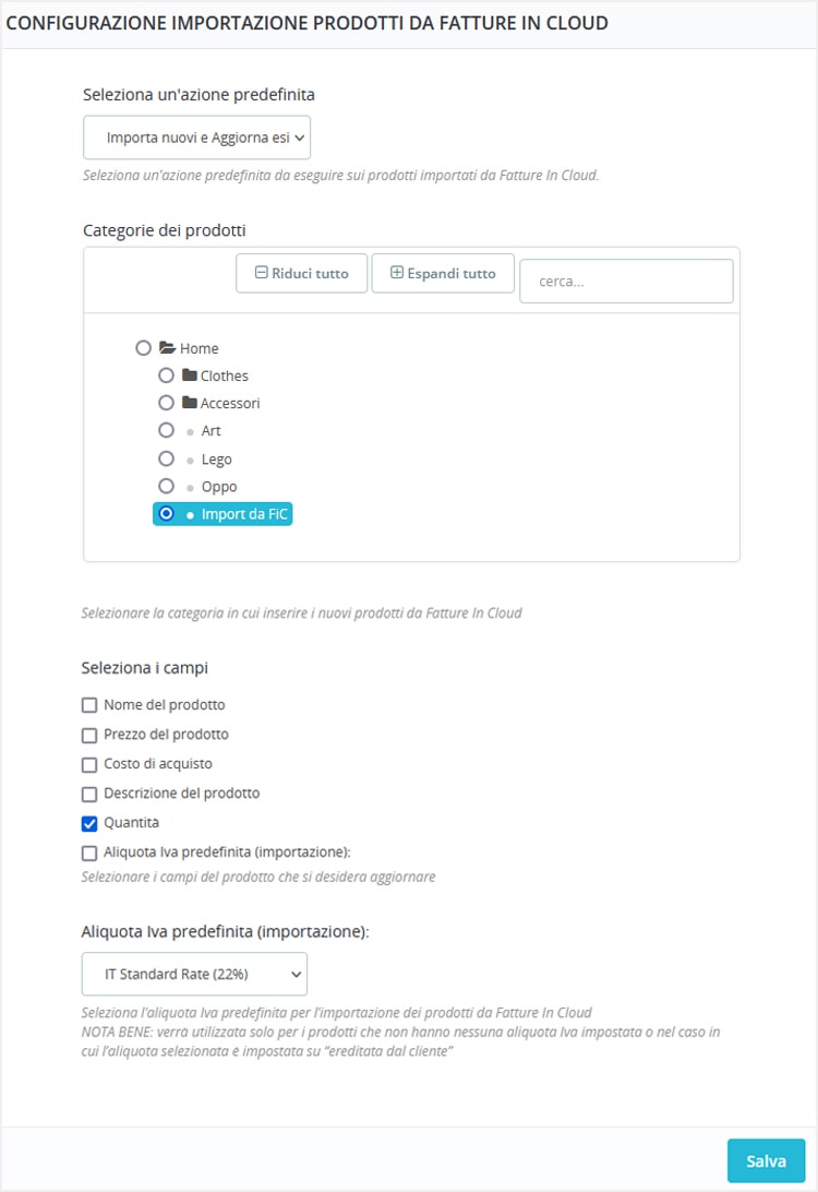 Configurazione importazione prodotti da FiC Configurazione importazione prodotti da FiC