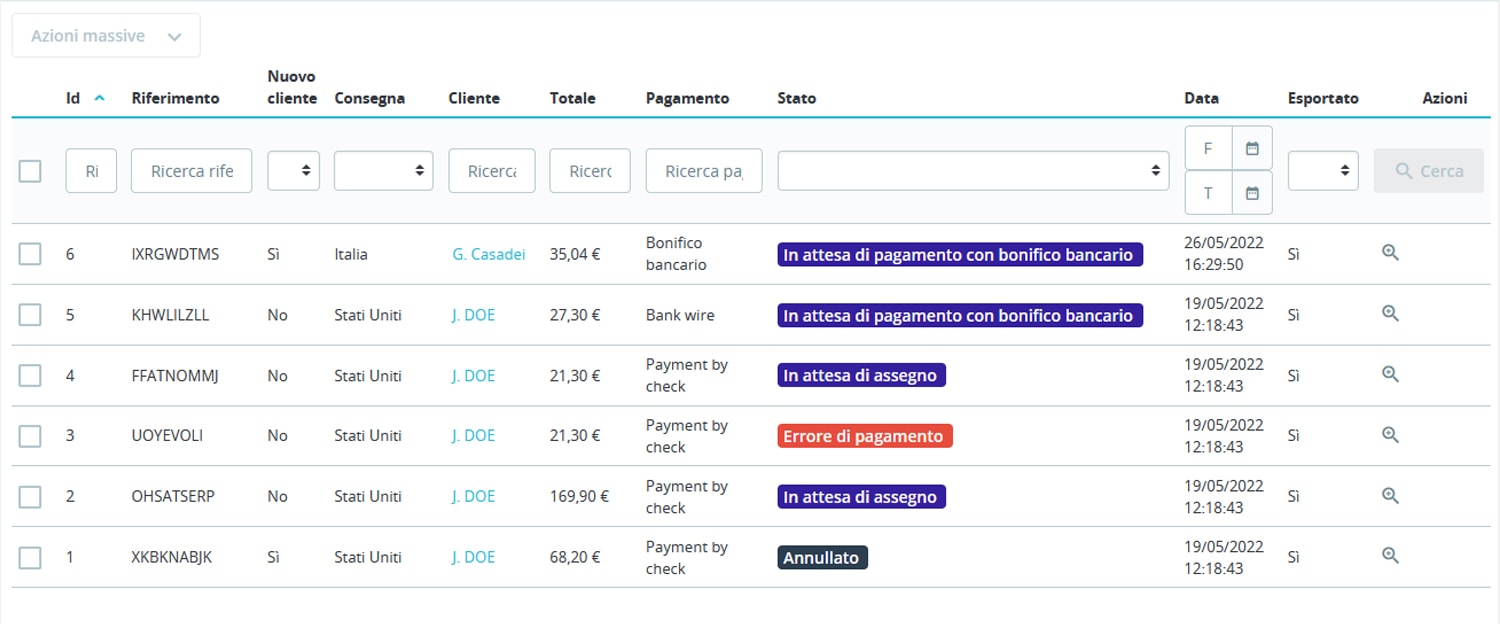 Esportare più ordini Esportare più ordini