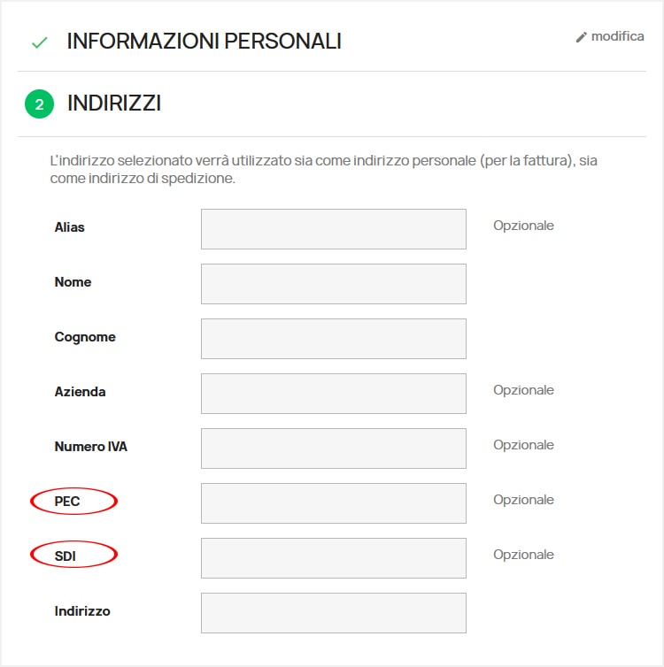 Campi in area utente Campi in area utente