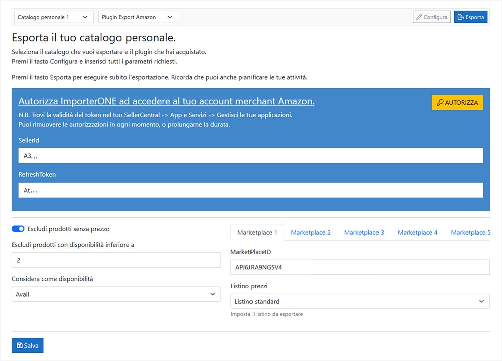 Configurazione plugin Amazon ImporterONE Configurazione Amazon ImporterONE
