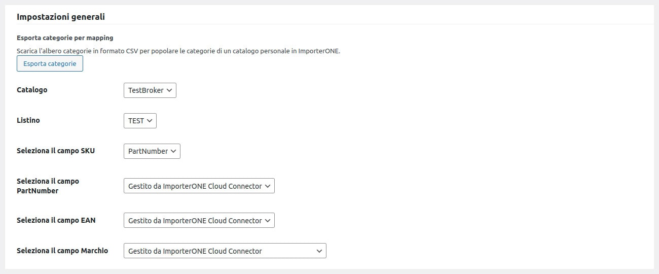 Connector WooCommerce ImporterONE impostazioni generali Connector WooCommerce ImporterONE impostazioni generali
