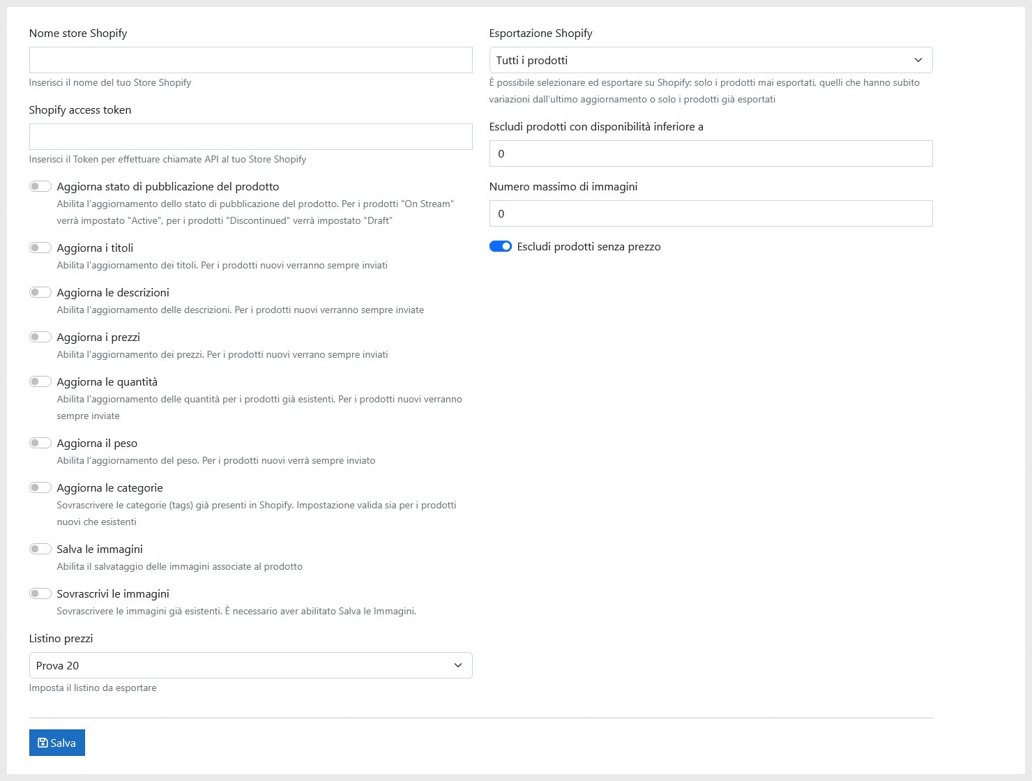 Configurazione ImporterONE Shopify API Configurazione ImporterONE Shopify API